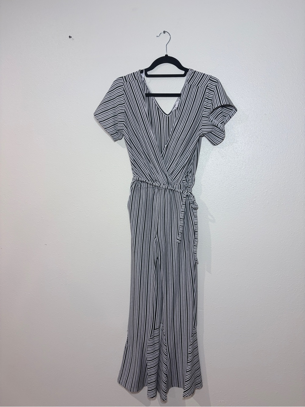 Love Riche Black & White Striped Wrap-Front Jumpsuit